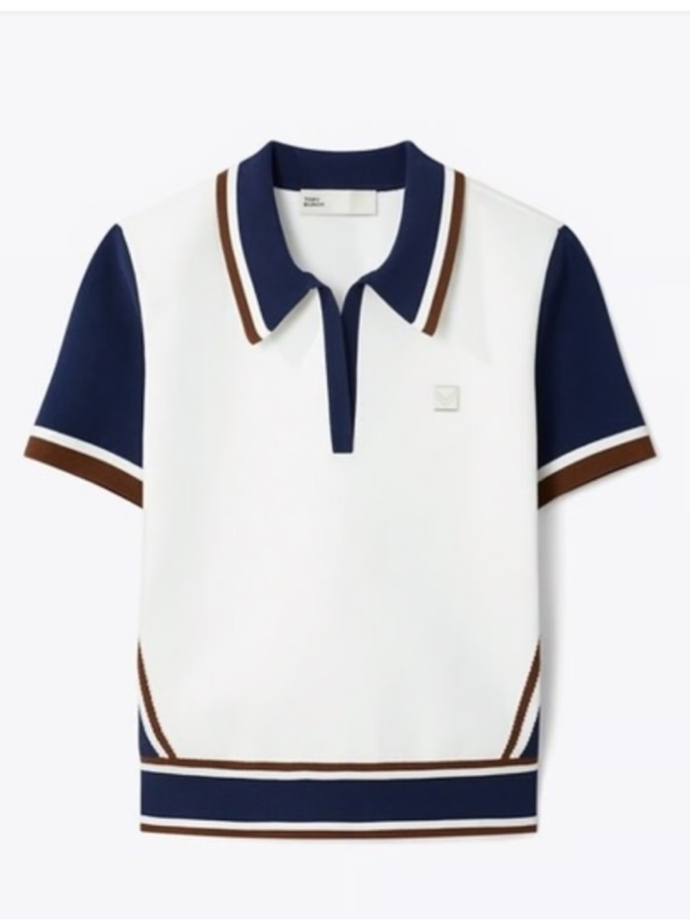 Tory Burch White Knit Polo with Navy and Brown Trim